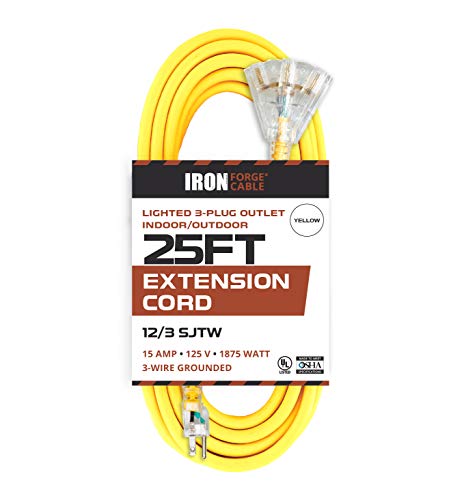25 Foot Lighted Outdoor Extension Cord with 3 Electrical Power Outlets - 12/3 SJTW Heavy Duty Yellow Extension Cable with 3 Prong Grounded Plug for Safety