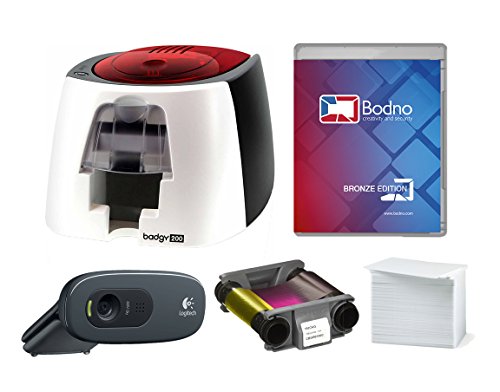 Badgy200 Color Plastic ID Card Printer & Complete Supplies Package with Bodno Bronze Edition ID Software