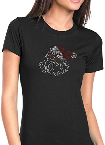 Womens T-Shirt Rhinestone Bling Black Fitted Tee Christmas Cool Santa Claus