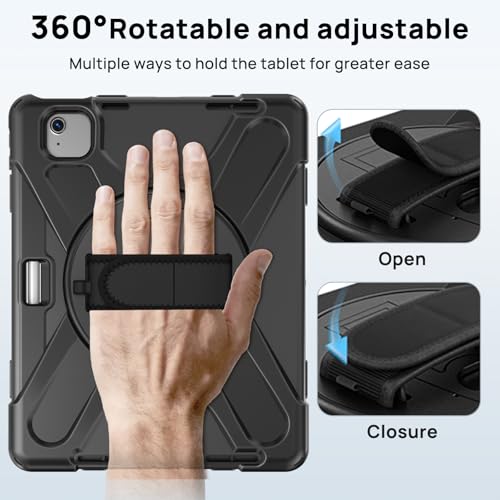 Gerutek Shockproof Case for iPad Air 11 inch M4/M3/M2 (2026/2025/2024)/Air 5th/Air 4th/iPad Pro 11 (4th/3rd/2nd/1st Gen), Heavy Duty Case with 360 Rotating Stand, Hand Strap and Shoulder Strap, Pen Holder, Black