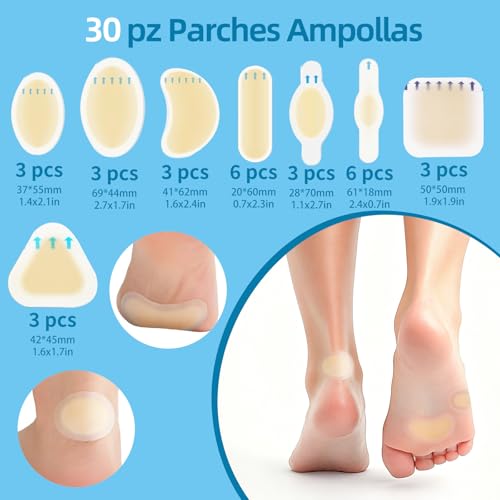 30pz Parches Ampollas, Parches Hidrocoloides para Alivio en Pies, Dedos y Manos,Vendajes Invisibles Para Ampollas De Gel Hidrocoloide