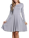 Meaneor Women's Elegant Solid Long Sleeve Scoop Neck Fit and Flare Mini Dress