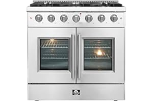 FORNO Vittorio Full Gas 36" Inch. French Door Freestanding Range 6 Sealed Burners Cooktop - 5.36 Cu. Ft. Gas Convection Oven Capacity - Stainless Steel Stove Range Heavy Duty Cast Iron Grates