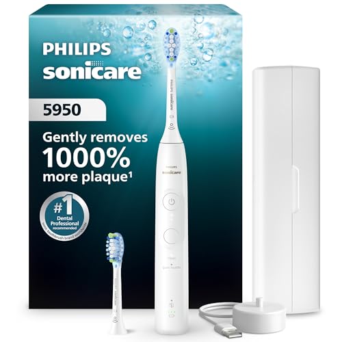 Philips Sonicare 5950 Series Electric Toothbrush, with Pressure Sensor, for Sensitive Gums, 6 Brushing Settings, SmarTimer, BrushPacer, 21-day Runtime, Travel Case, White, HX7130/03