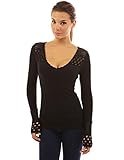 PattyBoutik Women's Crochet Eyelet Inset V Neck Knit Top (Black Medium)