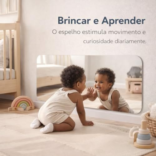 Espelho Acrílico Montessoriano para Bebê 100x50 cm Sem Moldura com Cantos Arredondados, Fixação com Fita Dupla Face, para Quarto Infantil e Brinquedoteca