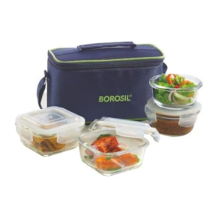 Borosil Glass Lunch Box Set with Bag, 4-Pieces, Blue