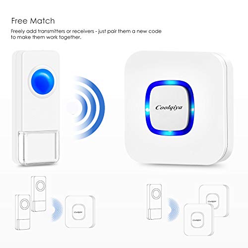 Coolqiya Wireless Doorbell Chime Waterproof Remote Door Bell Button Ring for Home, No Battery Required for Receiver 52 Ringtones, 1 Transmitter + 2 Receivers