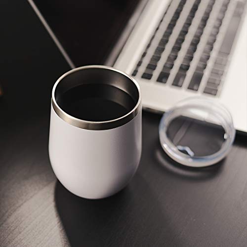 DOMICARE Insulated Wine Tumbler with Lid (4 Pack, White) - 12 OZ Stemless Double Wall Vacuum Traval Mug - Keeping Cold & Hot for Wine, Coffee, Cocktails, Drinks