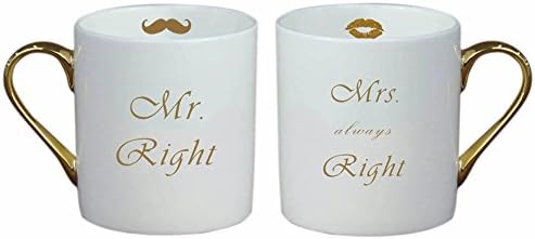 Woodice Gold Bone China Couple Mug Mr Right and Mrs Always Right Set Vintage with Gift Box