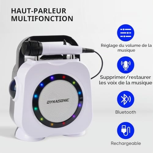 DYNASONIQUE. Haut-Parleur Bluetooth sans Fil avec lumières LED. Machine de karaoké Portable avec Deux Microphones. Cadeau Original (Dk-201 Noir)