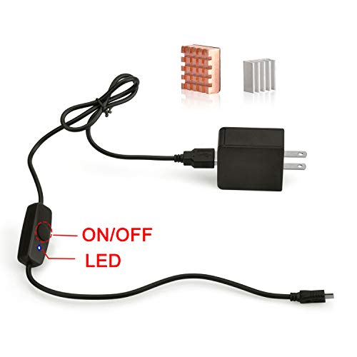 Gowoops 5V 2.5A Power Adapter (UL Listed) + Micro USB Cable with On Off Switch & LED + Heat Sinks for Raspberry Pi 3 Model B