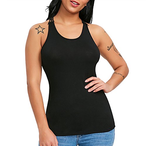 FarJing Hot sale Fashion Sexy Womens U Neck Lace Trim Racerback Tank Tops Hollow Out Sport Vest (2XL,Black) - Thumbnail 2