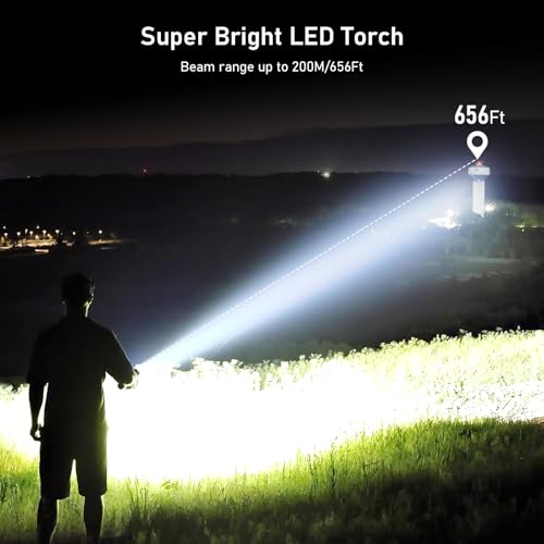 Blukar ​LED Torch Rechargeable, Super Bright Flashlight with 5 Modes, Adjustable Focus, Water Resistant, Lightweight Handheld Torch for Camping, Running, Dog Walking, Power Cut, Emergency etc-Black