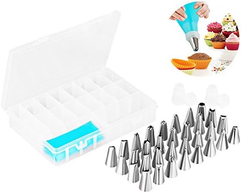 Crystyle Cake Decorating Supplies 36 Pieces Kit,32 Stainless Steel Icing Tips,2 Reusable Couplers,2 Silicone Pastry Bags Baking Decorating Set for Cupcakes Cookies