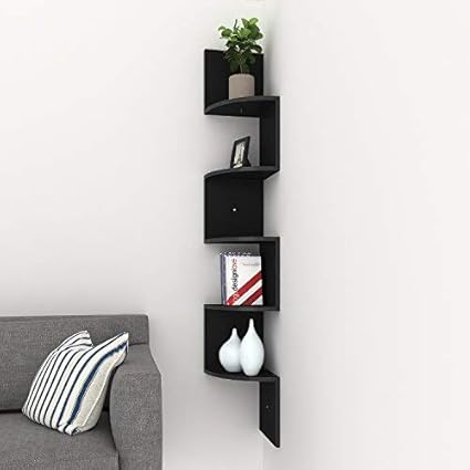 Kemanner 5 Tier Corner Shelf Wall Mount Zig Zag Wall Floating Shelves For Living Room Bedroom Bathroom Office Kitchen Display Black