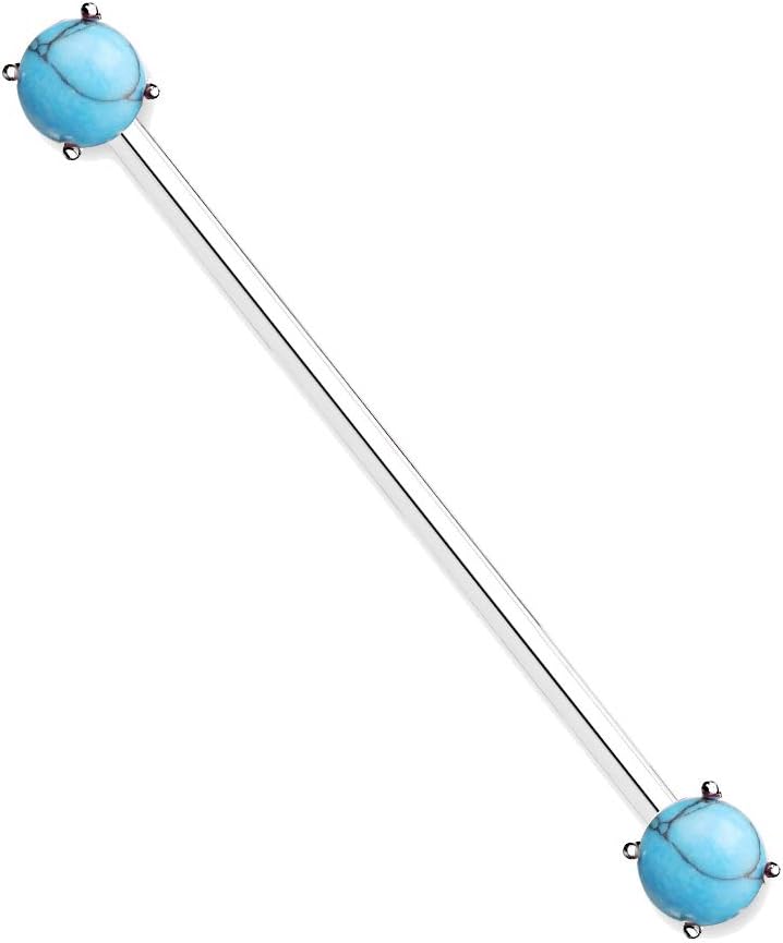 14G Round Turquoise Prong Set Ends Industrial Barbell Earring Surgical Steel 38mm Ear Cartilage Piercing Bar