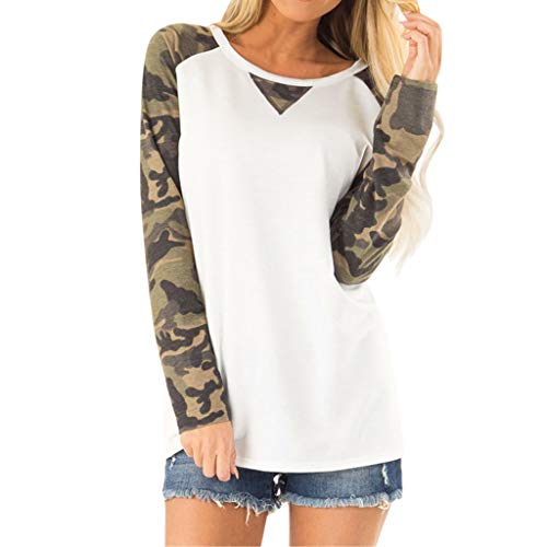 Amlaiworld Women Casual Camouflage Blouse Round Neck Long Sleeve Splice Shirts Loose Top Pullover Tunic Shirt