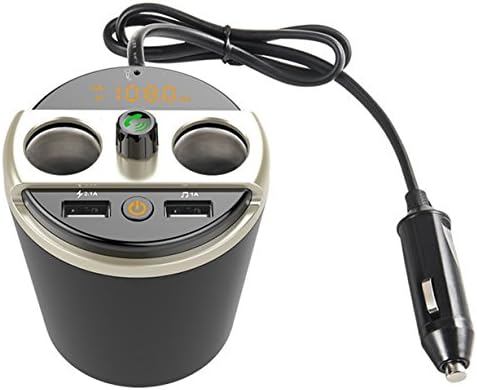 Car Cup Charger, Loamy Bluetooth FM Transmitter 12V~24V USB Car Cup Charger Multi-function Power Adapter with 2-socket Cigarette Lighter Splitter + Dual USB Ports 3.1A-Gold