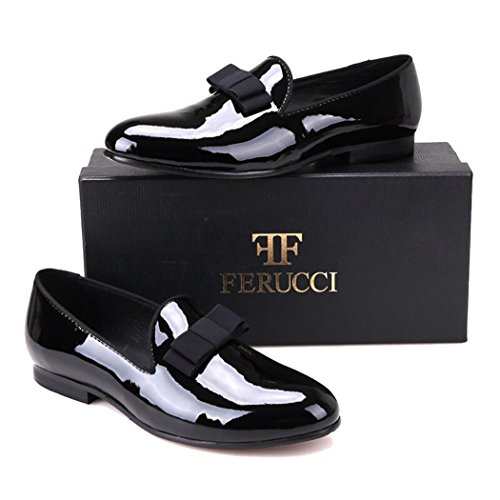 FERUCCIHandmade Men Plain Black Patent Leather with Black Bow Slippers Loafers