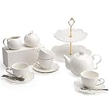 Porcelain Tea Cup and Saucer Coffee Cup Set and Dinnerware (Cup Set with Creamer, Sugar Pot & Cake Stand, Service for 4)