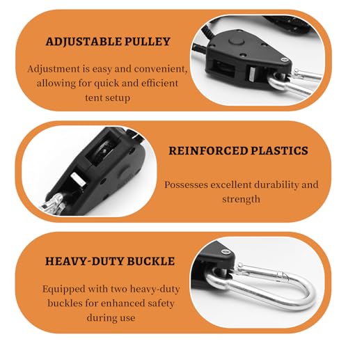 MUYAPAY Set of 4 Ratchet Tensioners, Adjustable Ratchet Rope Retractable Pulley, 4 m Reflective Tent Rope for Attaching a Tent in Full Equipment Essential for Camping Travel Black