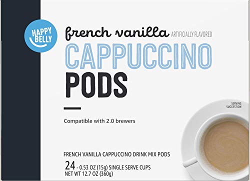 AMAZON BRAND – HAPPY BELLY CAPPUCCINO COFFEE PODS LIGHT ROAST COMPATIBLE WITH 2.0 K-CUP BREWERS, FRENCH VANILLA FLAVORED, 24 COUNT, 1.5 POUND (PACK OF 1)