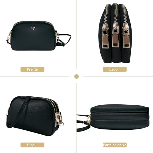 Bolsa Transversal Feminina em Couro Vegano, 3 Compartimentos com Zíper, Alça Ajustável