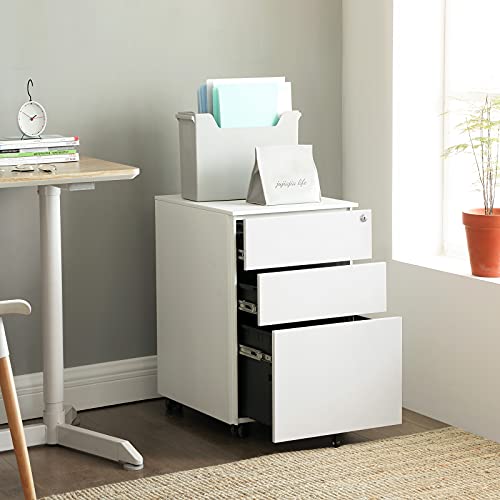 SONGMICS OFC60WT Office Cabinet Metal Mobile Storage Box with Wheels and Lock for Documents and Hanging File with 3 Drawers 39 x 52 x 60 cm White