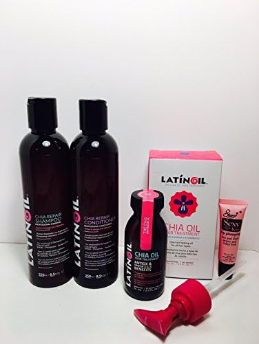 LATINOILChia Seed Oil Hair Treatment with Omega 3-6-9 Kit) Shampoo 250ml, Conditioner 250 ml, & Oil Treatment 74ml *Free Starry Sexy Lip plumping gloss tube 10ml
