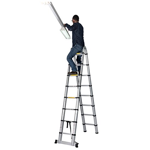 GOOD LIFE 16.5' FT EN131 Professional Folding Aluminum Multi Purpose Telescoping Ladder Extension Extendable Ladder with Spring Loaded Locking Non-slip HMI419