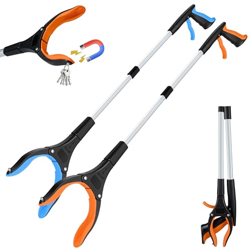 bemece 2-pack Grabber Reacher Tool, 32.68’’ (83cm) Garbage Picker Grabber, Foldable Magnetic Reacher Grabber for Seniors Adults - Blue & Orange