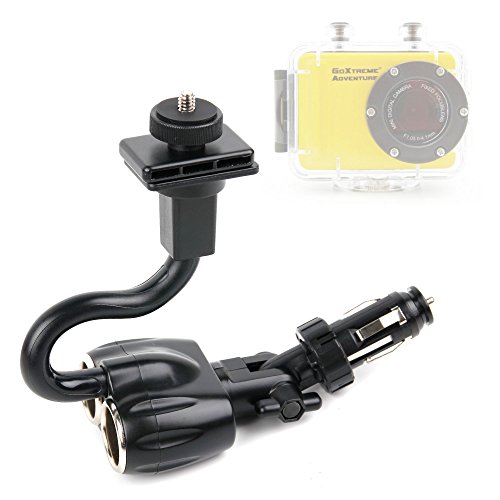 DURAGADGET Adjustable In-Car Camera Mount with Dual Port Cigarette Lighter Charger - Compatible with the Easypix GoXtreme Adventure | GoXtreme Race Mini Action Cameras