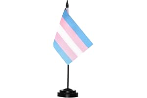 Anley Transgender Trans Pride Deluxe Desk Flag Set - 6 x 4 Inch Miniature Desktop Flag with 12" Solid Pole - Vivid Color and Fade Resistant - Black Base and Spear Top