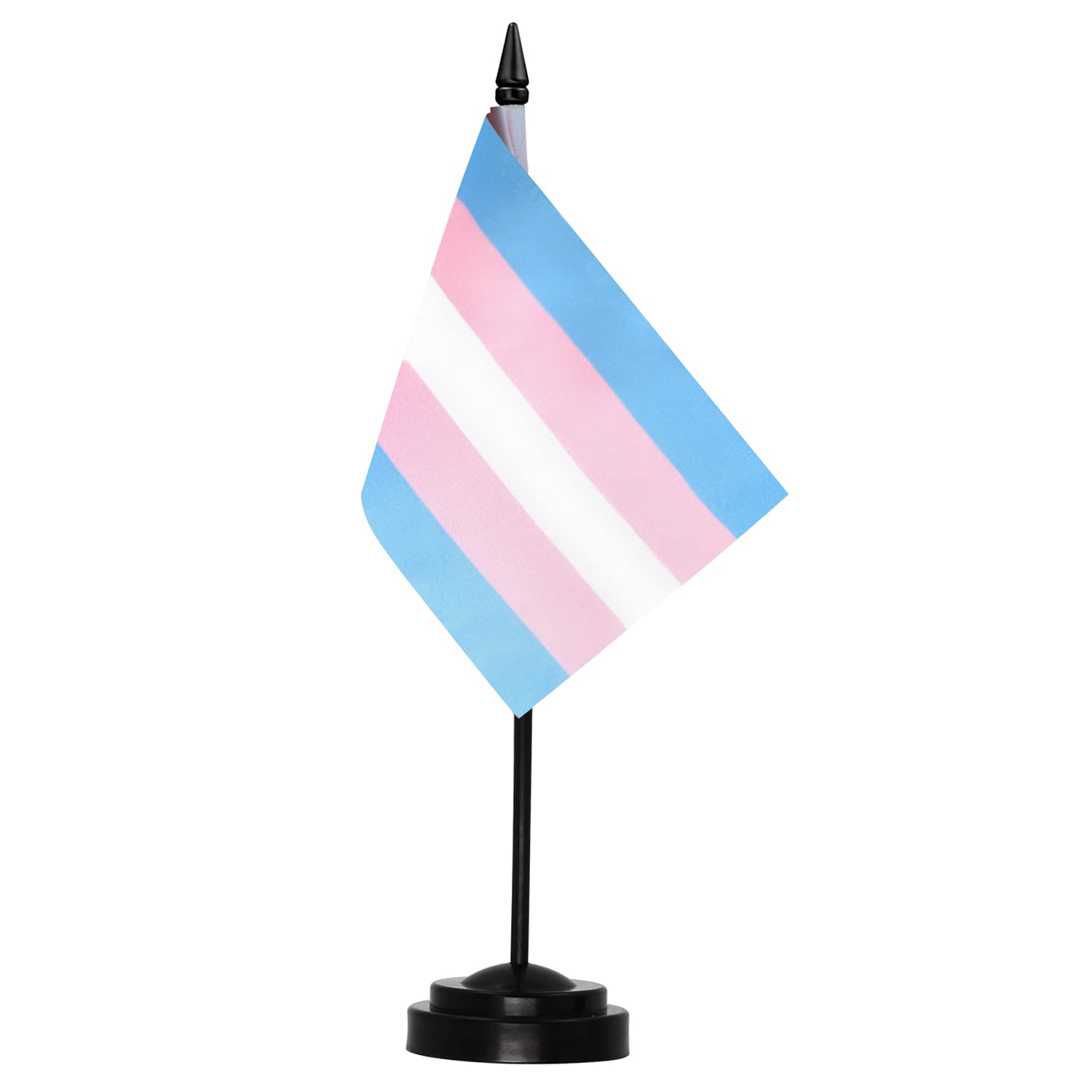 Anley Transgender Trans Pride Deluxe Desk Flag Set - 6 x 4 Inch Miniature Desktop Flag with 12" Solid Pole - Vivid Color and Fade Resistant - Black Base and Spear Top