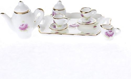 Ultra Tiny Miniature Mauve Floral Pattern Tea Set with Gold Trim for Dollhouse Displays and Craft Embellishments
