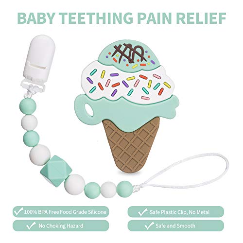 AmazingM Baby Teething Toys,Food Grade Silicone Ice Cream Teether Toy with Pacifier Clip Holder Set for Newborn Babies,BPA Free,Freezer Safe (Green)
