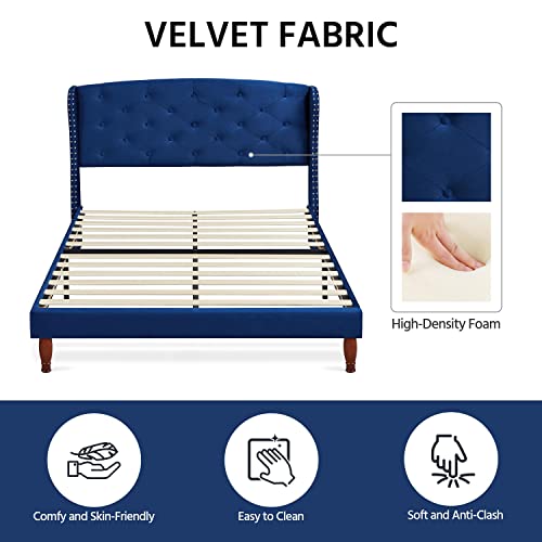 Yaheetech Queen Velvet Platform Bed Frame, Upholstered Mattress