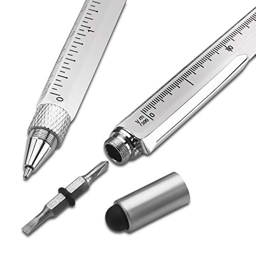 Screwdriver Pen Pocket Multi-Tool 6 in 1 - Multi-Functional & Sturdy Aluminum DIY Tool, With Screwdriver, Stylus, Bubble Level, Ruler & Phillips Flathead Bit, Unique Gift Idea - 2 Pack, Silver