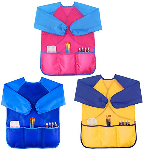 Zkptops 3 Pack Kids Art Smock Colorful Waterproof Children Art Aprons Artist Painting Aprons with Long Sleeve 3 Roomy Pockets for Age 2-7 Years