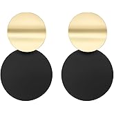 ZENCHEER Round Curved Clip On Earrings Women, Lightweight Statement Gold Black Discs Dangle Drop Earrings for Non Pierced Ears Jewelry Gift