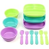 Re-play 3 Divided Toddler Plates, 3 Utensils Set and 3 Wide Base Bowls - Dishwasher and Microwave Safe - Made in USA - Mermaid