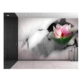 Wall26 - Pink Lotus Flower on a Foggy Black and White Setting - Wall Mural, Removable Sticker, Home Decor - 66x96 inches