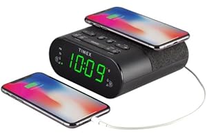 TIMEXS Dual Digital Alarm FM Clock Radio with USB & Wireless Charging Options, LED Display, Adjustable Dimmer, Snooze, Batter