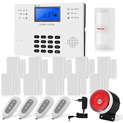 Alarme Maison sans Fil, 17 Pièces GSM Système D'alarme sans Fil Via SMS/Appel, Sirène D'alarme 120DB avec 10 Capteur de Porte et Fenêtres, 4 Télécommandes Postuler à Appartement, Garage, Bureau