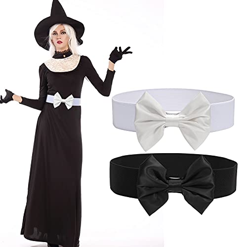 2 Pack Women Bow Wide Elastic Cinch Belt for Dress, Vintage Stretchy Waistband Halloween Waist Belts Width 2.36”