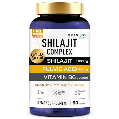 Shilajit original Himalaya 1000mg - Shilajit kapseln Himalaya - Vitamin B6-100% Vegan - +50% Fulvinsäure - Immunität, Energie, Konzentration - 60 Kapseln - 1 Monate - GRANIONS