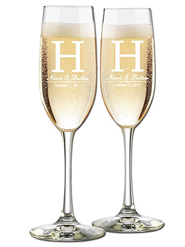Custom Wedding Champagne Flutes- Set of 2 -Bride and Groom First Names, Last Name Initial Monogram and Wedding Date - Personalized for Bride and Groom - Customized Engraved Wedding Gift