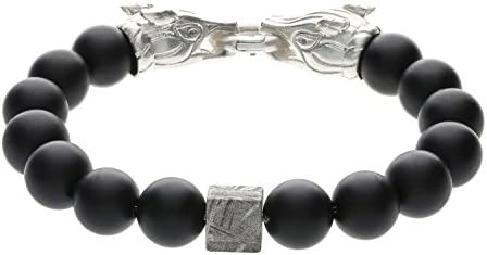 Men 10 mm Matt Onyx Power Bead Bracelet Length 20 cm with Iron Meteorite Sterling Silver Cubes and Drachensc Toggle Clasp