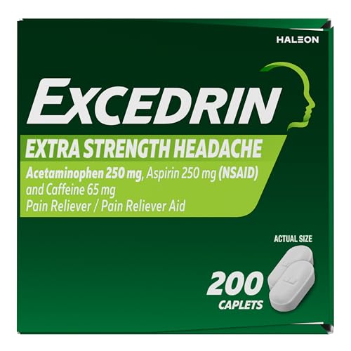 EXCEDRIN EXTRA STRENGTH PAIN RELIEF CAPLETS FOR HEADACHE RELIEF, ACETAMINOPHEN 500MG, ASPIRIN 250MG, CAFFEINE 65MG, PAIN RELIEVER, 200 COUNT